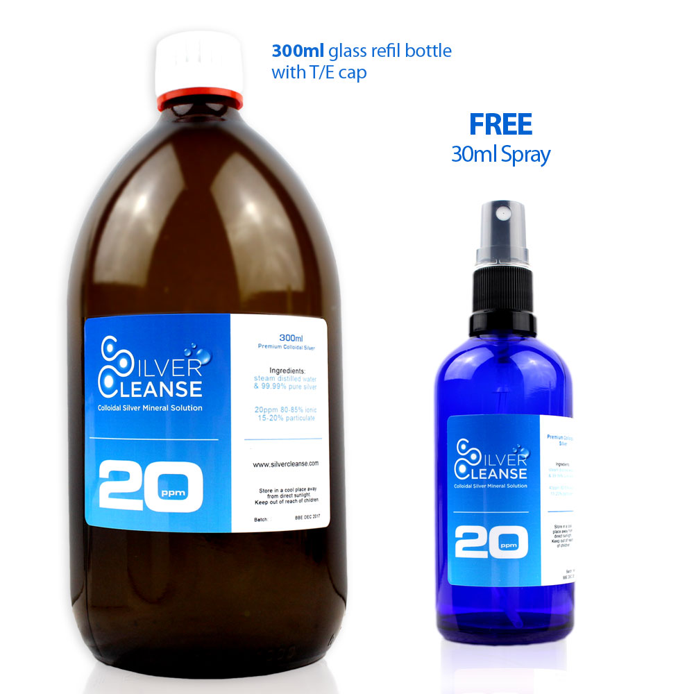 SilverCleanse 300ml Colloidal Silver (20 ppm) refill bottle + 30ml Spray - Ionic Immune Support!