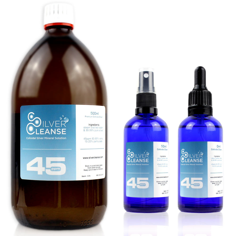 SilverCleanse™ 45ppm colloidal silver 500ml Colloidal Silver refill bottle + FREE & full 50ml Spray & FREE & full 50ml Pipet